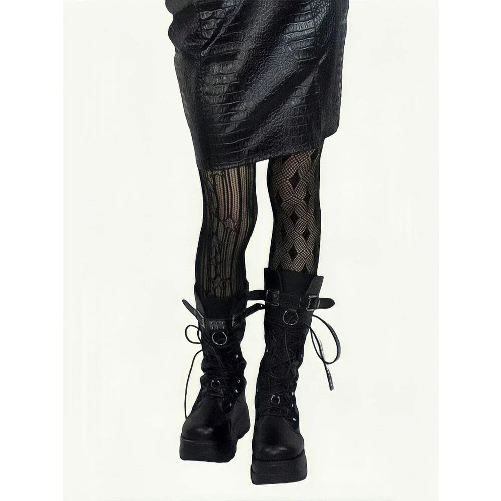 OYOANGLE Womens Black Gothic Striped Graphic Fishnet Tights OS Style Fit - NWT